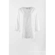 Blusa branca de chiffon bordado 3/4 de manga